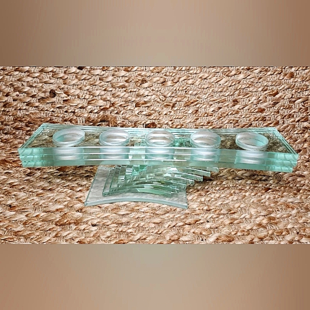 PartyLite Tea Light Candle Holder.Thick Green Glass Stacked Pedestal.Modern.Gift
